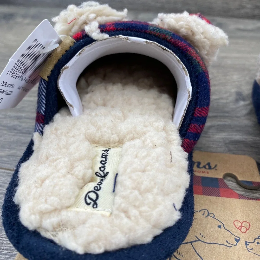 Lil‎ Bear Dearfoam Slippers Youth Size 9 - 10 Plaid Red Blue Cozy Comfort Sherpa
